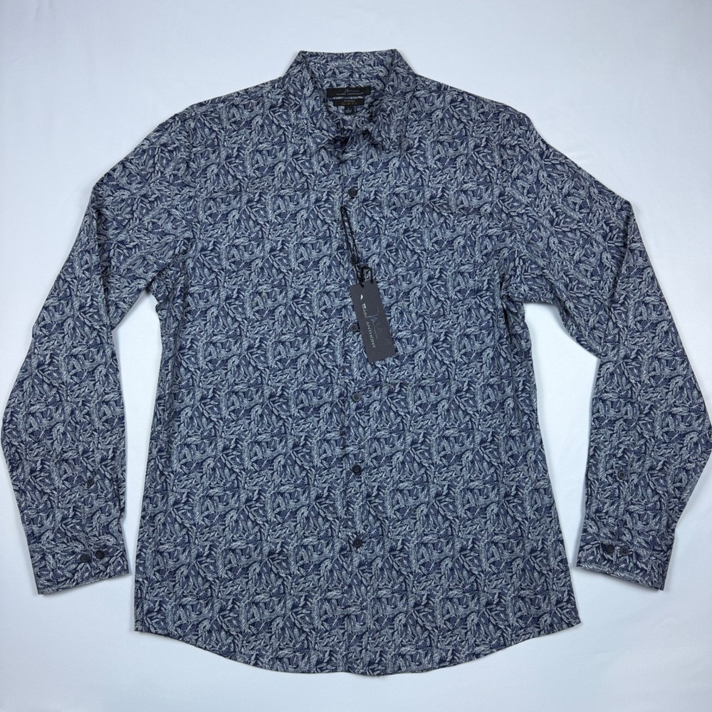 Marc Anthony Mens Slim Fit Stretch Tropical Leaf Button Down Shirt Navy Blue L